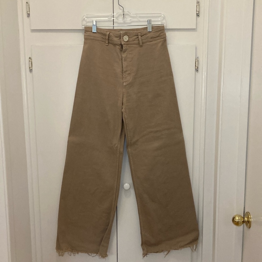 ZARA Tan High-Waisted Wide Leg Pants Frayed Hem